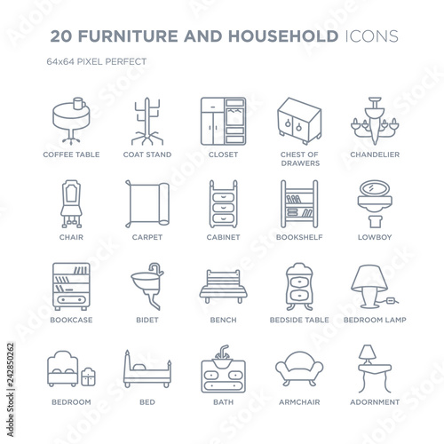 Collection of 20 FURNITURE AND HOUSEHOLD linear icons such as Coffee Table, Coat stand, Bath, Bed, Bedroom, Chandelier line icons with thin line stroke, vector illustration of trendy icon set.