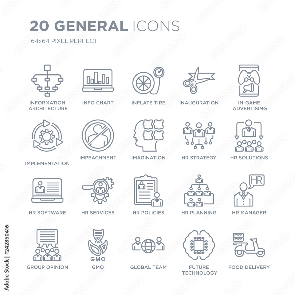 Collection of 20 general linear icons such as information architecture, info chart, global team, gmo, group opinion line icons with thin line stroke, vector illustration of trendy icon set.