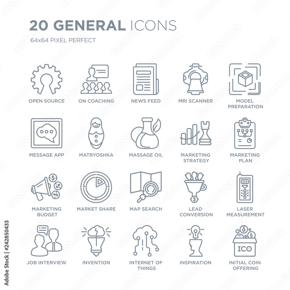 Collection of 20 General linear icons such as open source, on coaching, internet things, invention, job interview line icons with thin line stroke, vector illustration of trendy icon set.