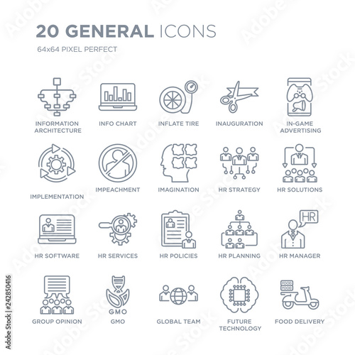 Collection of 20 general linear icons such as information architecture, info chart, global team, gmo, group opinion line icons with thin line stroke, vector illustration of trendy icon set.