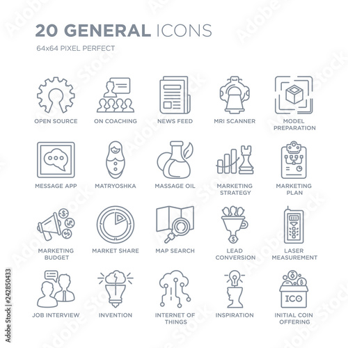 Collection of 20 General linear icons such as open source, on coaching, internet things, invention, job interview line icons with thin line stroke, vector illustration of trendy icon set.