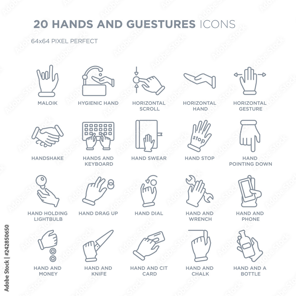 Collection of 20 HANDS AND GUESTURES linear icons such as Maloik, Hygienic hand, Hand and Cit Card, Knife line icons with thin line stroke, vector illustration of trendy icon set.