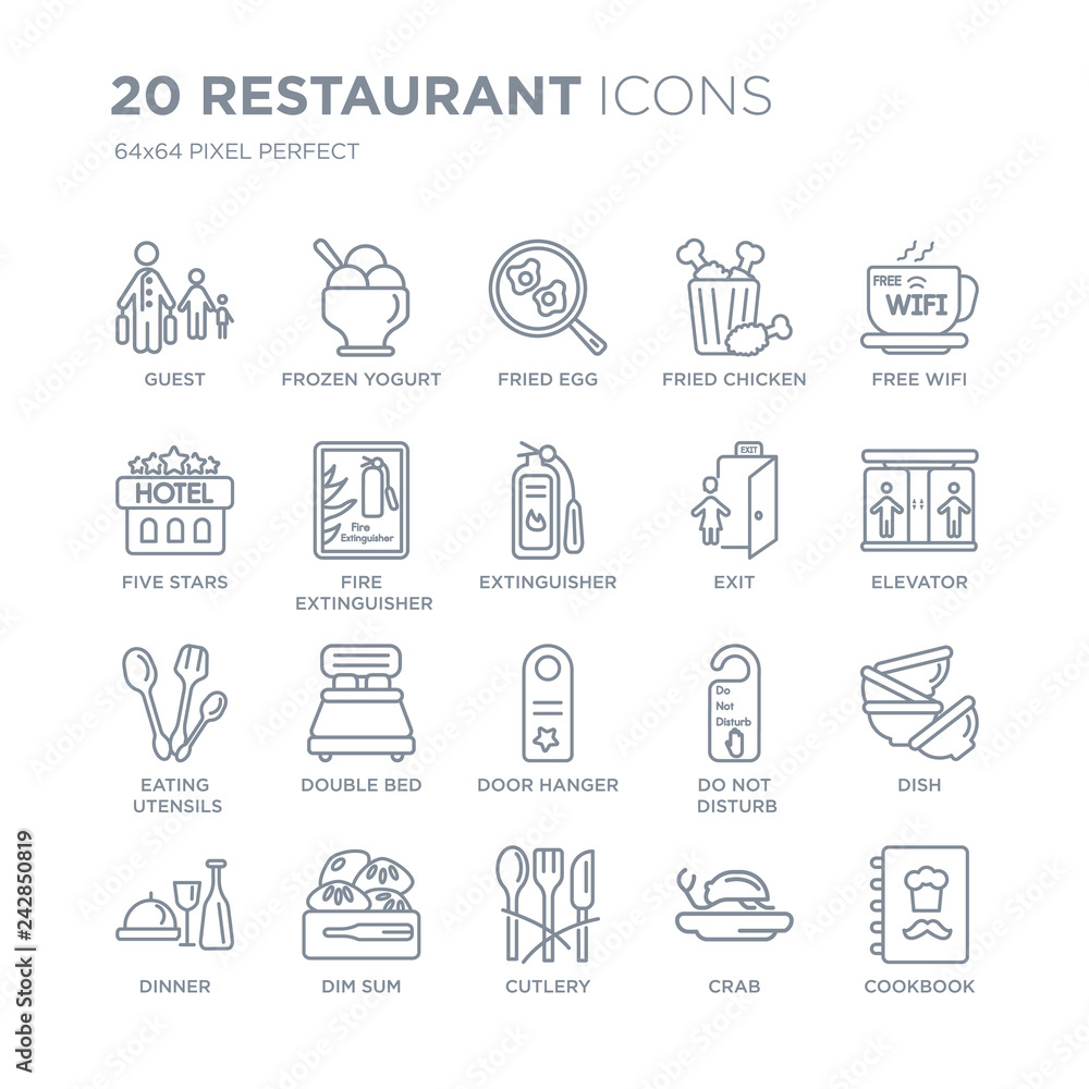 Collection of 20 Restaurant linear icons such as Guest, Frozen yogurt, Cutlery, Dim sum, Dinner, Free wifi, Exit, Door hanger line icons with thin line stroke, vector illustration of trendy icon set. Collection of 20 Restaurant linear icons such as Guest, Frozen yogurt, Cutlery, Dim sum, Dinner, Free wifi, Exit, Door hanger line icons with thin line stroke, vector illustration of trendy icon set.