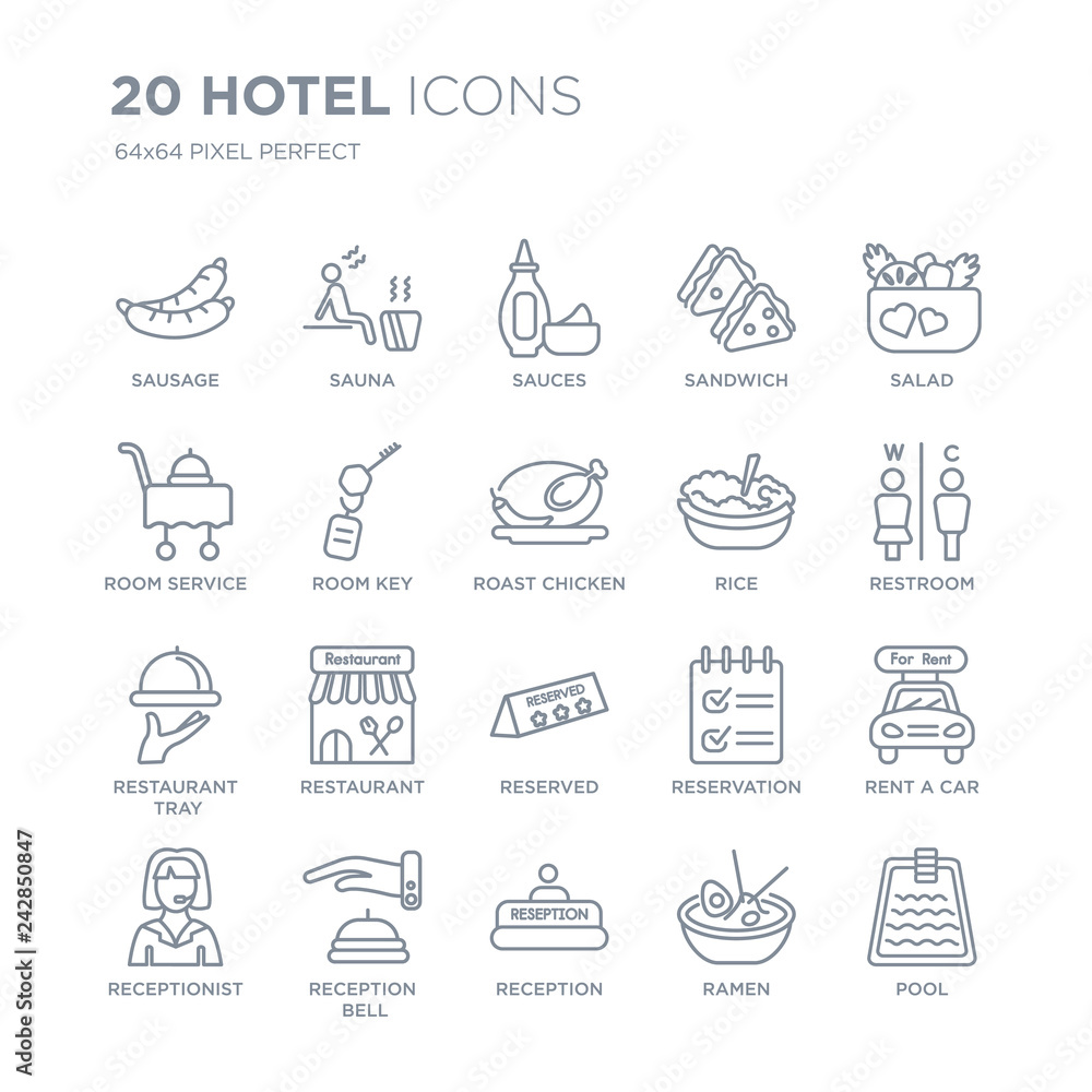 Collection of 20 Hotel linear icons such as Sausage, Sauna, Reception, Reception bell, Receptionist, Salad, Rice, Reserved line icons with thin line stroke, vector illustration of trendy icon set.