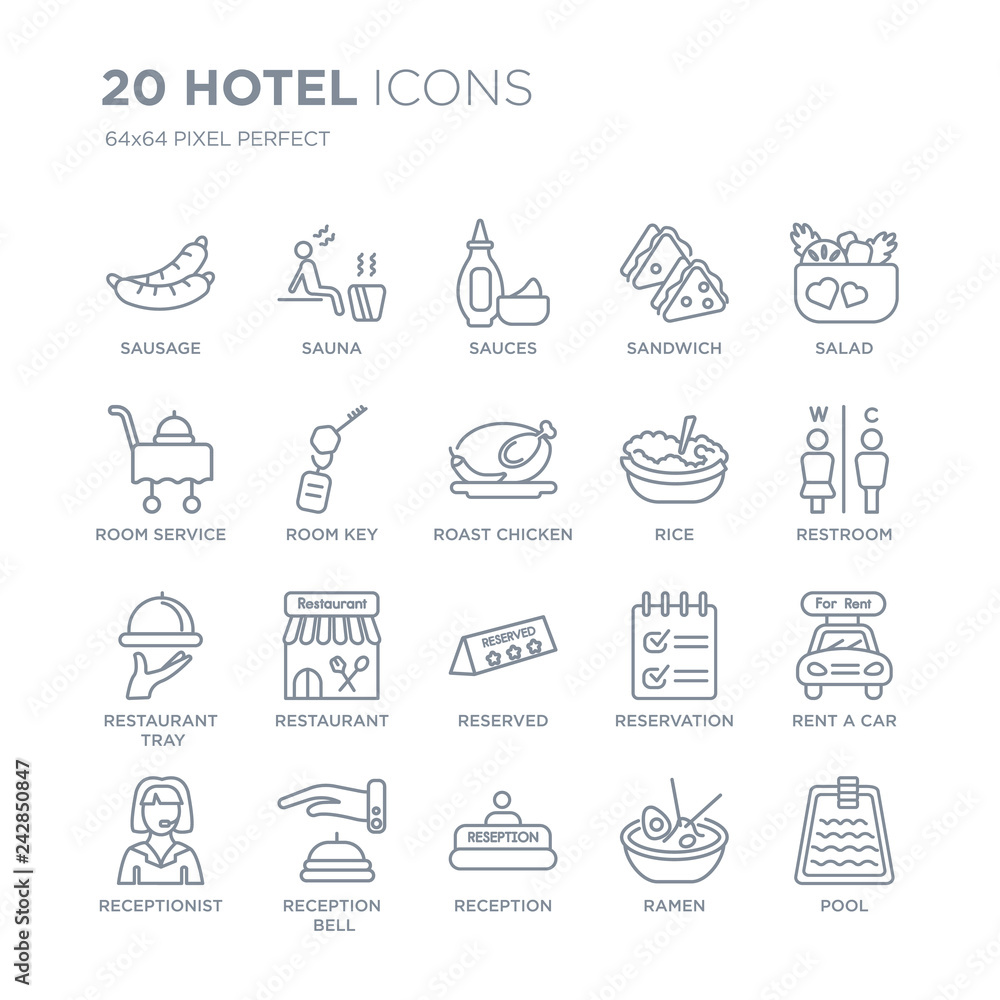 Collection of 20 Hotel linear icons such as Sausage, Sauna, Reception, Reception bell, Receptionist, Salad, Rice, Reserved line icons with thin line stroke, vector illustration of trendy icon set. Collection of 20 Hotel linear icons such as Sausage, Sauna, Reception, Reception bell, Receptionist, Salad, Rice, Reserved line icons with thin line stroke, vector illustration of trendy icon set.