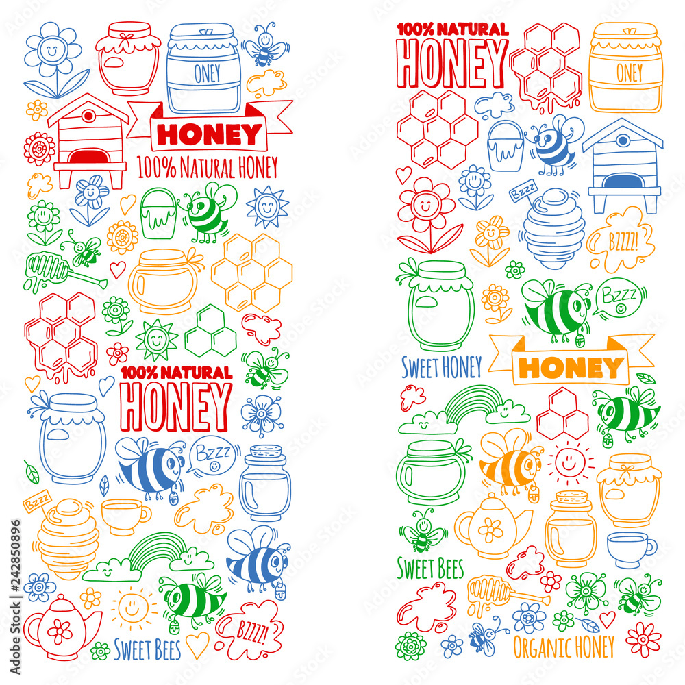 Vector image of bees, organic farm honey. Pattern with summer flowers. Healthy food.
