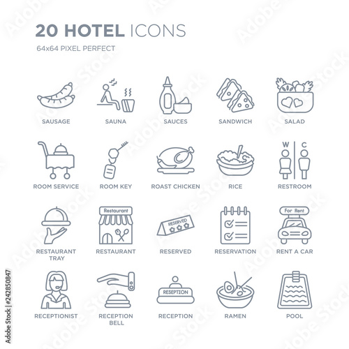 Collection of 20 Hotel linear icons such as Sausage, Sauna, Reception, Reception bell, Receptionist, Salad, Rice, Reserved line icons with thin line stroke, vector illustration of trendy icon set.