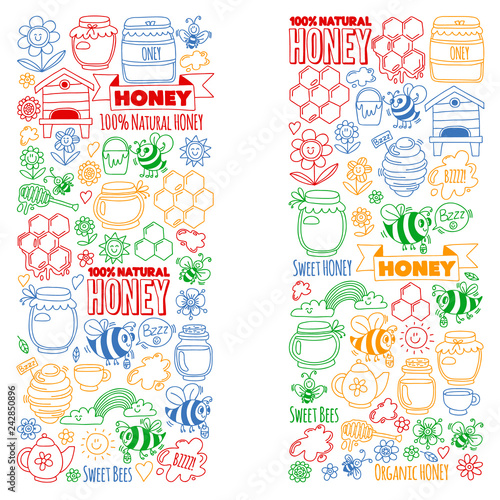 Vector image of bees  organic farm honey. Pattern with summer flowers. Healthy food.