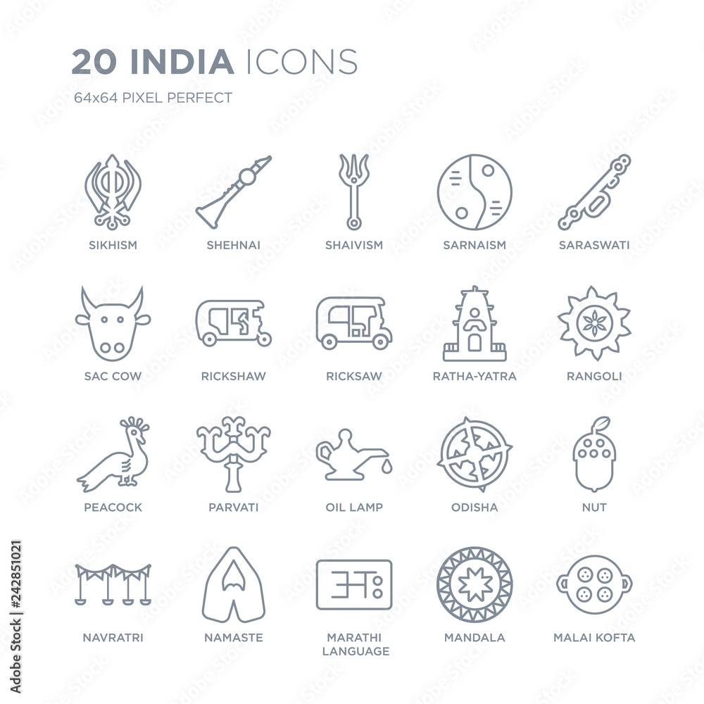 Collection of 20 india linear icons such as sikhism, Shehnai, marathi