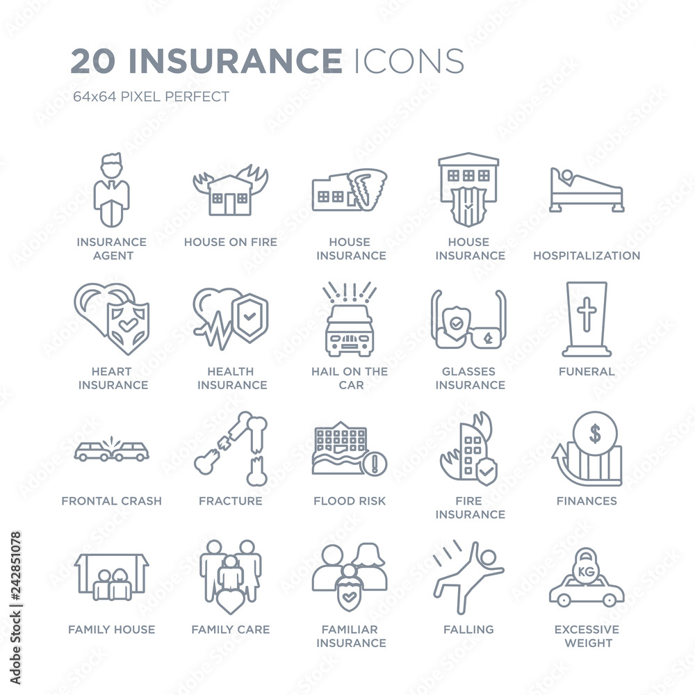 Collection of 20 Insurance linear icons such as agent, House on fire, Familiar insurance, Family Care,  line icons with thin line stroke, vector illustration of trendy icon set.