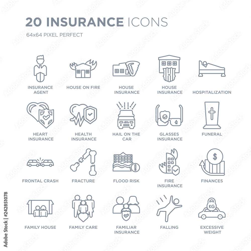 Collection of 20 Insurance linear icons such as agent, House on fire, Familiar insurance, Family Care, line icons with thin line stroke, vector illustration of trendy icon set. Collection of 20 Insurance linear icons such as agent, House on fire, Familiar insurance, Family Care, line icons with thin line stroke, vector illustration of trendy icon set.
