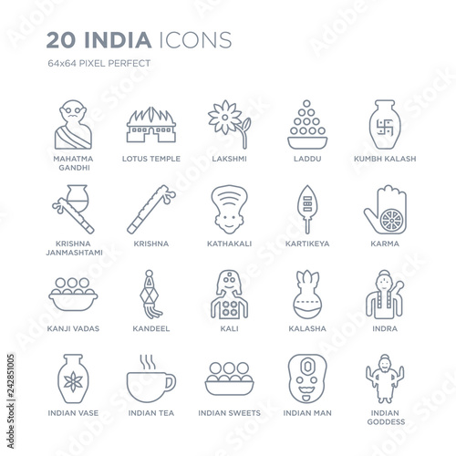 Collection of 20 india linear icons such as mahatma gandhi, Lotus temple, indian Sweets, Tea, Vase, Kumbh kalash line icons with thin line stroke, vector illustration of trendy icon set.