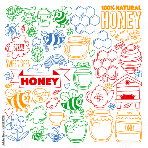 Vector image of bees, organic farm honey. Pattern with summer flowers. Healthy food.