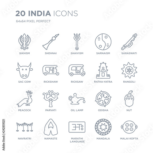 Collection of 20 india linear icons such as sikhism, Shehnai, marathi language, Namaste, navratri, Saraswati, ratha-yatra line icons with thin line stroke, vector illustration of trendy icon set.