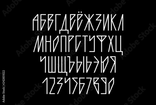 Sharp gothic neon linear tube font, uppercase and lowercase geometric sans serif Cyrillic type, numerals and symbols, thin and angled minimalistic tattoo letters for neon signs, invitations and art