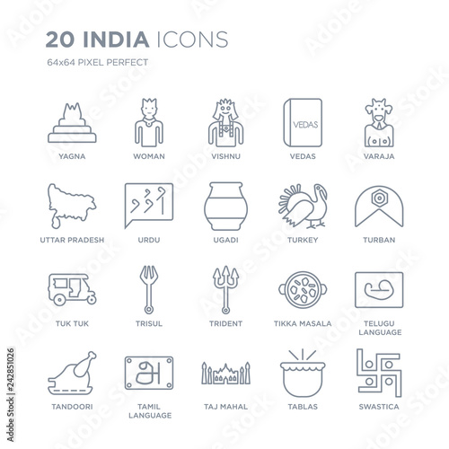 Collection of 20 india linear icons such as Yagna, Woman, Taj mahal, tamil language, Tandoori, Varaja, Turkey, Trident line icons with thin line stroke, vector illustration of trendy icon set.