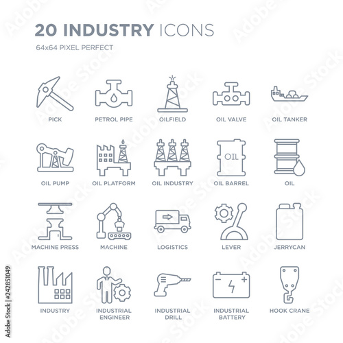 Collection of 20 Industry linear icons such as Pick, petrol Pipe, industrial Drill, Engineer, Industry, Oil tanker line icons with thin line stroke, vector illustration of trendy icon set.