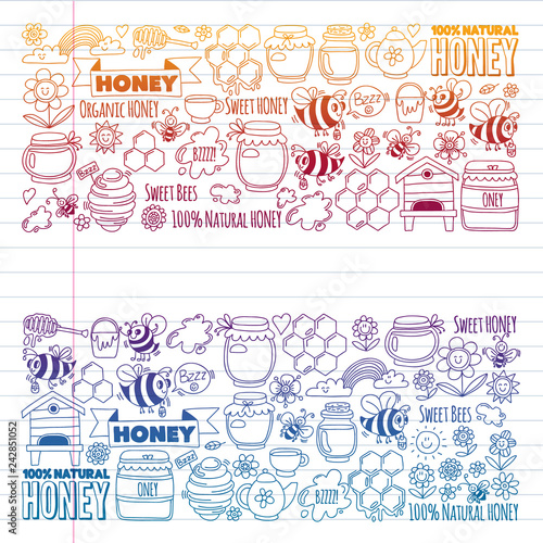 Vector image of bees, organic farm honey. Pattern with summer flowers. Healthy food.