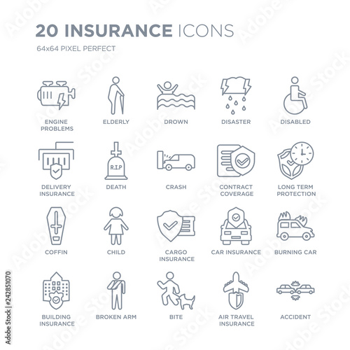 Collection of 20 Insurance linear icons such as Engine problems, Elderly, Bite, Broken arm, Building insurance, Disabled line icons with thin line stroke, vector illustration of trendy icon set.