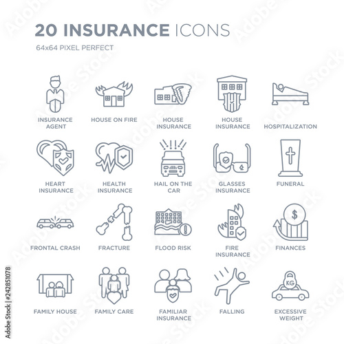 Collection of 20 Insurance linear icons such as agent, House on fire, Familiar insurance, Family Care,  line icons with thin line stroke, vector illustration of trendy icon set.