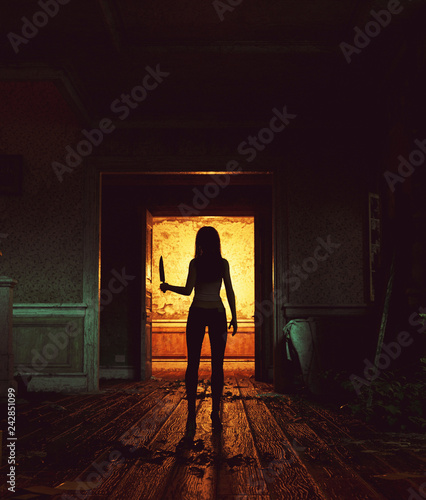 Behind that doors,Woman with knife walking alone in haunted house,3d illustration