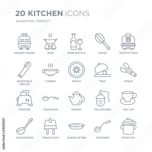 Collection of 20 Kitchen linear icons such as yogurt maker, wok, sugar sifter, tablecloth, tablespoon, waffle iron, Tray line icons with thin line stroke, vector illustration of trendy icon set.