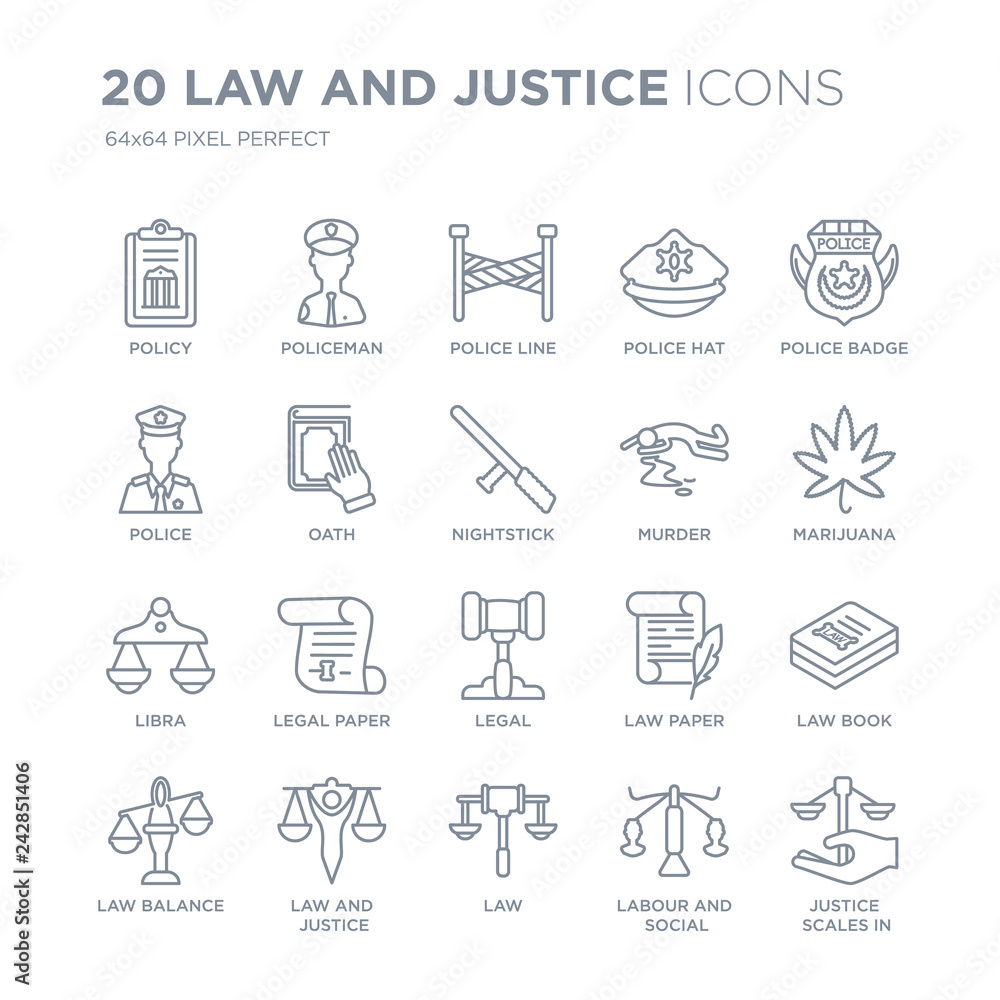 Collection of 20 law and justice linear icons such as policy, Policeman, Law, justice, Balance, Police badge line icons with thin line stroke, vector illustration of trendy icon set.