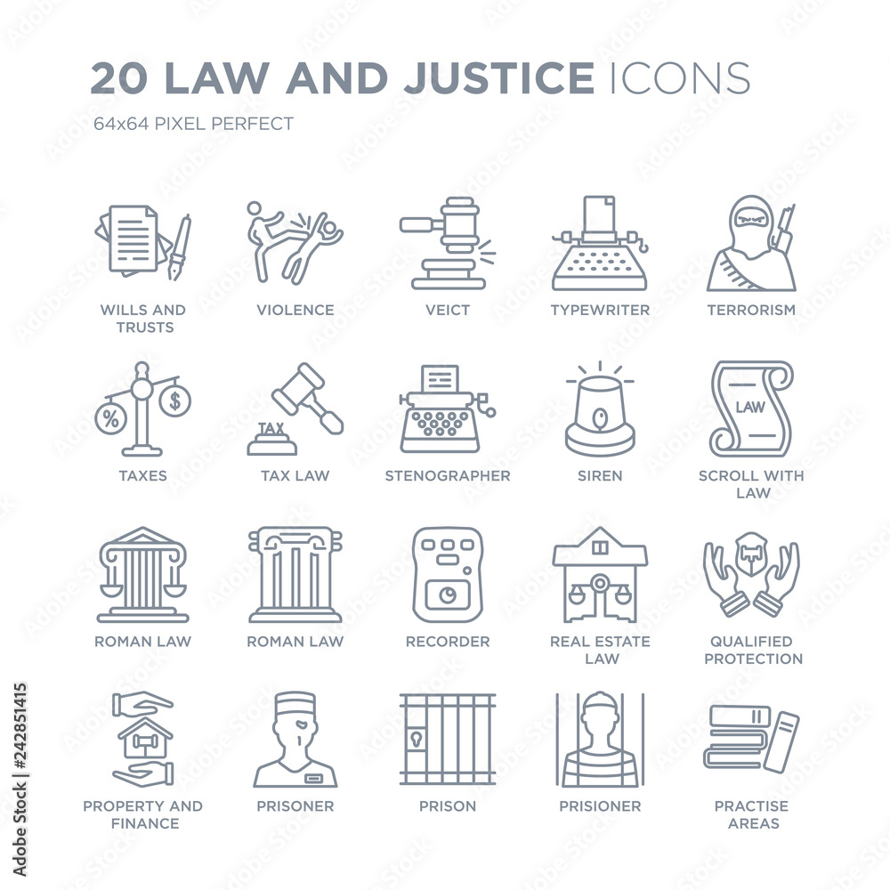 Collection of 20 law and justice linear icons such as wills trusts, Violence, Prison, Prisoner, property finance line icons with thin line stroke, vector illustration of trendy icon set. Collection of 20 law and justice linear icons such as wills trusts, Violence, Prison, Prisoner, property finance line icons with thin line stroke, vector illustration of trendy icon set.