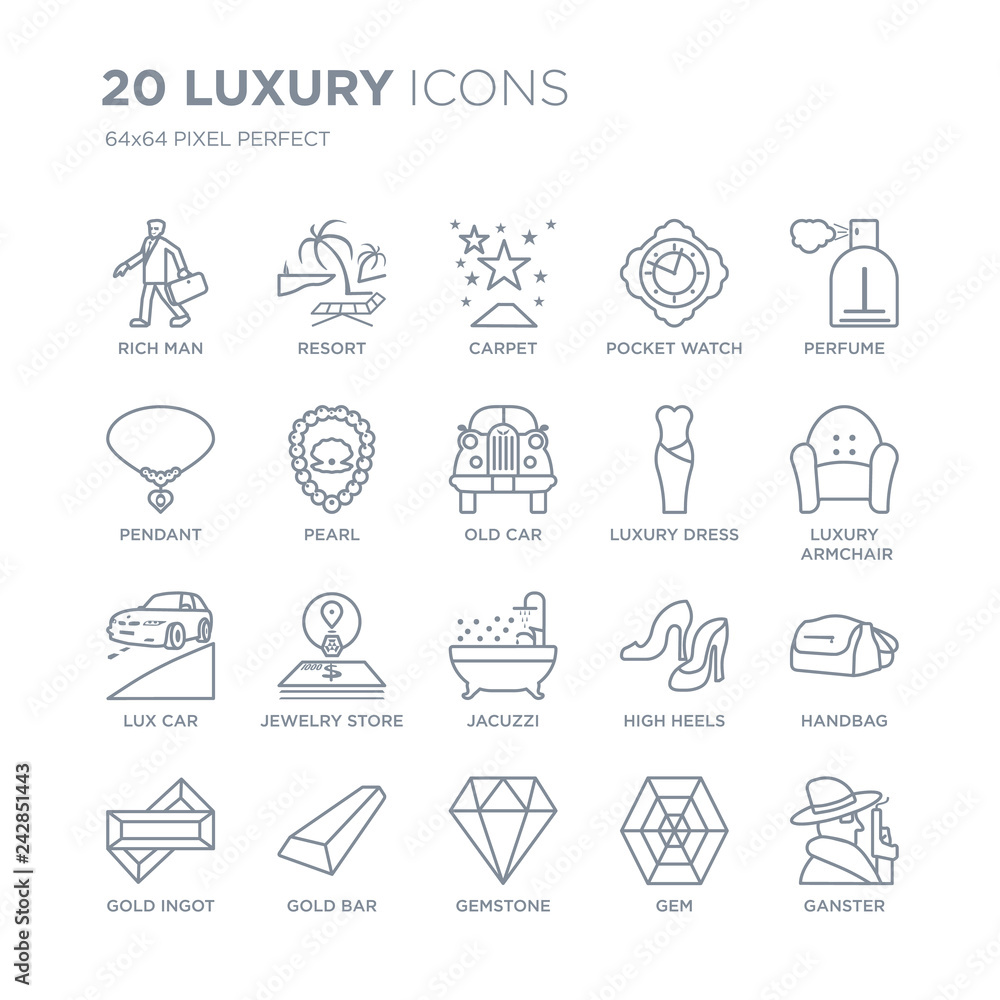 Collection of 20 Luxury linear icons such as Rich man, Resort, Gemstone, Gold bar, ingot, Perfume, luxury Dress, Jacuzzi line icons with thin line stroke, vector illustration of trendy icon set.