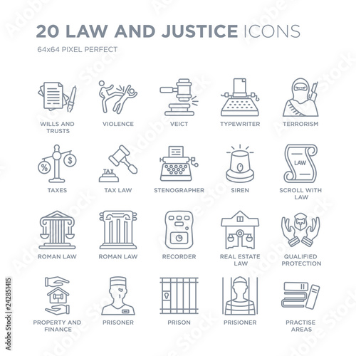 Collection of 20 law and justice linear icons such as wills trusts, Violence, Prison, Prisoner, property finance line icons with thin line stroke, vector illustration of trendy icon set.