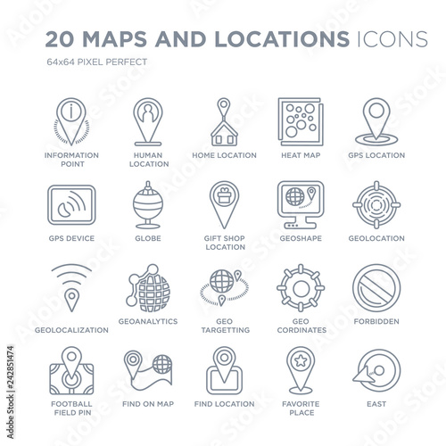 Collection of 20 Maps and Locations linear icons such as information Point Pin, Human Location, Find On Map line icons with thin line stroke, vector illustration of trendy icon set.