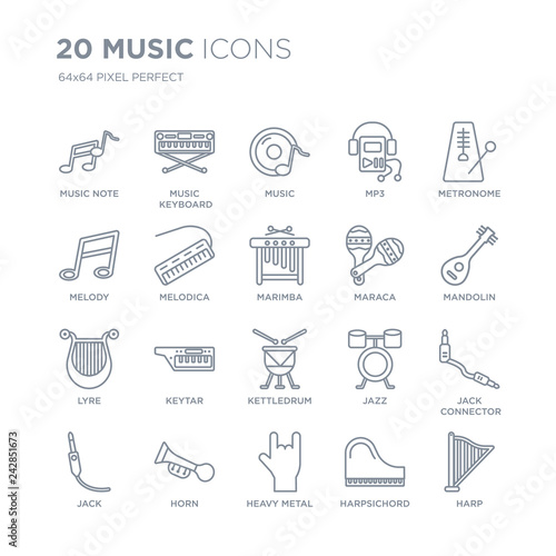 Collection of 20 Music linear icons such as note, music Keyboard, Heavy metal, Horn, Jack, Metronome, Maraca, Kettledrum line icons with thin line stroke, vector illustration of trendy icon set.