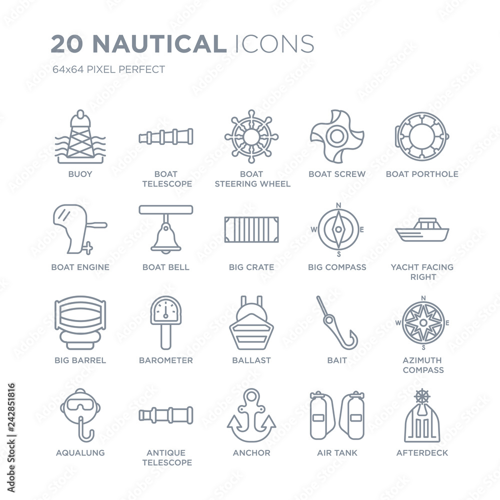 Collection of 20 Nautical linear icons such as Buoy, Boat Telescope, Anchor, Antique Aqualung, Porthole line icons with thin line stroke, vector illustration of trendy icon set. Collection of 20 Nautical linear icons such as Buoy, Boat Telescope, Anchor, Antique Aqualung, Porthole line icons with thin line stroke, vector illustration of trendy icon set.
