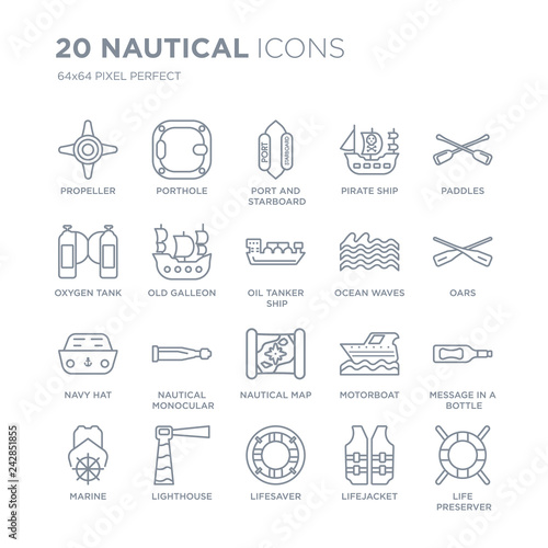 Collection of 20 Nautical linear icons such as Propeller, Porthole, Lifesaver, Lighthouse, marine, Paddles, Ocean Waves line icons with thin line stroke, vector illustration of trendy icon set.