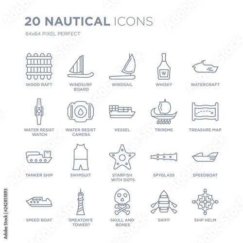 Collection of 20 Nautical linear icons such as Wood Raft, Windsurf Board, Skull and bones, Smeaton's Tower?, Speed boat line icons with thin line stroke, vector illustration of trendy icon set. photo