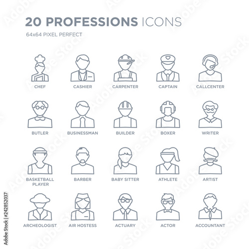 Collection of 20 Professions linear icons such as Chef, Cashier, Actuary, Air hostess, Archeologist, Callcenter, Boxer line icons with thin line stroke, vector illustration of trendy icon set.
