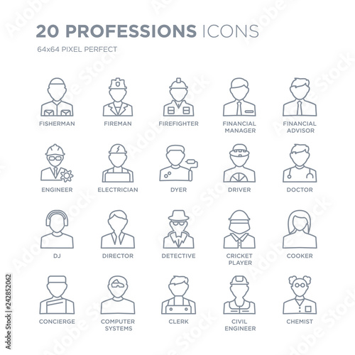 Collection of 20 Professions linear icons such as Fisherman, Fireman, Clerk, Computer Systems Analyst, Concierge line icons with thin line stroke, vector illustration of trendy icon set.