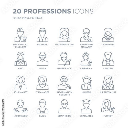Collection of 20 Professions linear icons such as Mechanical Engineer, Mechanic, Graphic de, Guide, Hairdresser, Manager line icons with thin line stroke, vector illustration of trendy icon set.