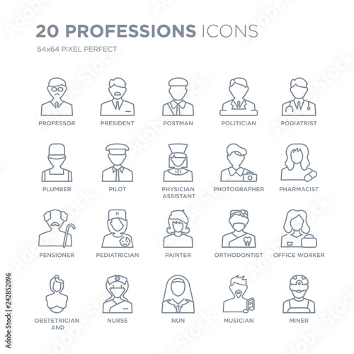 Collection of 20 Professions linear icons such as Professor, President, Nun, Nurse, Obstetrician and Gynecologist, Podiatrist line icons with thin line stroke, vector illustration of trendy icon set.