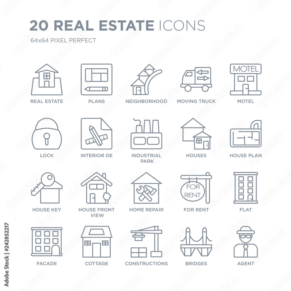 Collection of 20 Real estate linear icons such as estate, Plans, Constructions, Cottage, Facade, Motel, Houses line icons with thin line stroke, vector illustration of trendy icon set. Collection of 20 Real estate linear icons such as estate, Plans, Constructions, Cottage, Facade, Motel, Houses line icons with thin line stroke, vector illustration of trendy icon set.