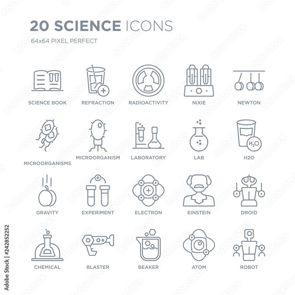 Collection of 20 Science linear icons such as book, Refraction, Beaker, Blaster, Chemical, Newton, Lab, Electron line icons with thin line stroke, vector illustration of trendy icon set.