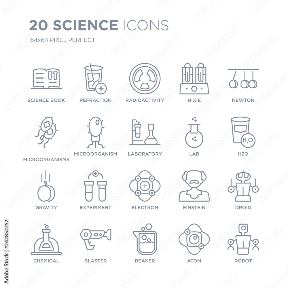 Collection of 20 Science linear icons such as book, Refraction, Beaker, Blaster, Chemical, Newton, Lab, Electron line icons with thin line stroke, vector illustration of trendy icon set. Collection of 20 Science linear icons such as book, Refraction, Beaker, Blaster, Chemical, Newton, Lab, Electron line icons with thin line stroke, vector illustration of trendy icon set.
