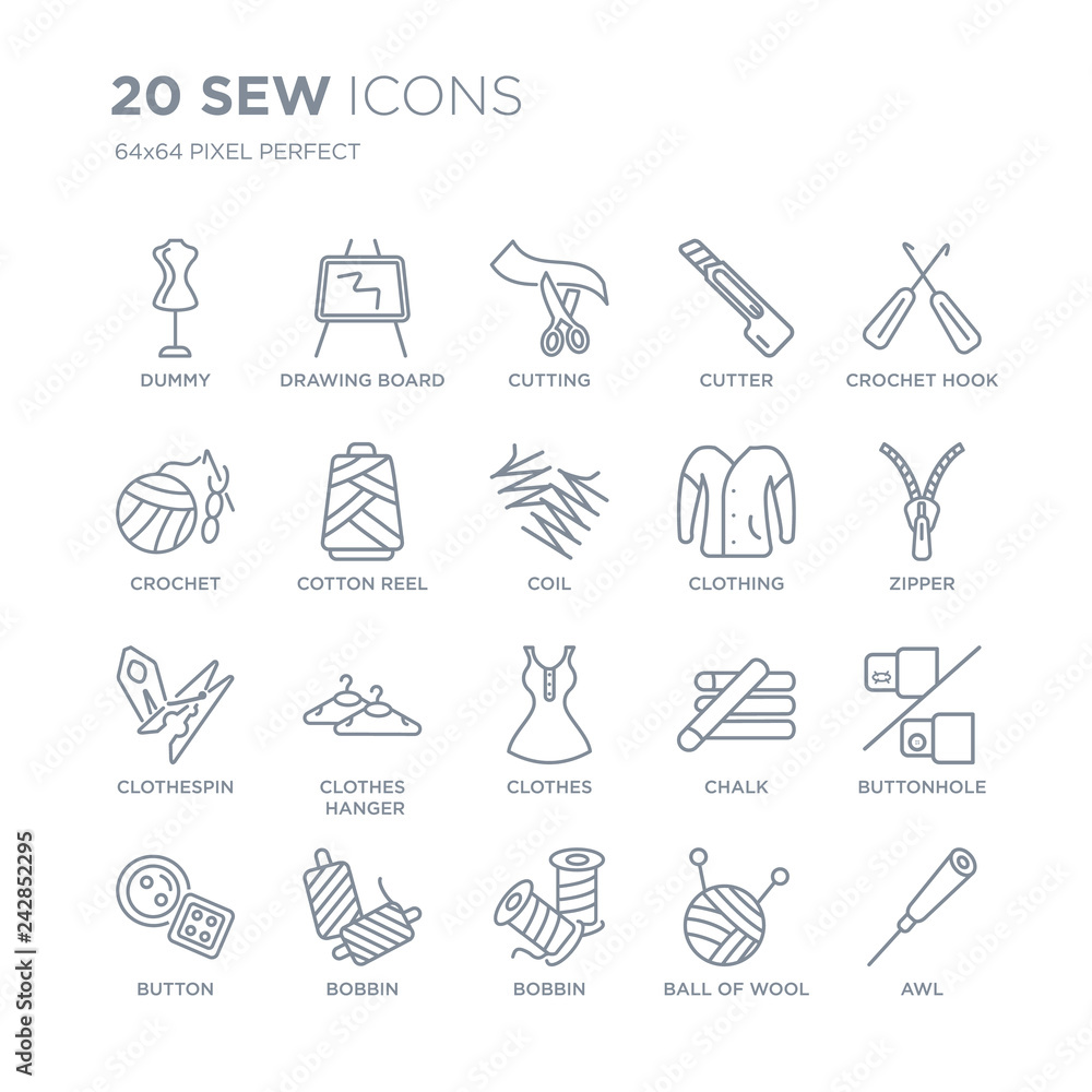 Collection of 20 Sew linear icons such as Dummy, Drawing board, Bobbin,  bobbin, Button, crochet hook, Clothing, Clothes line icons with thin line  stroke, vector illustration of trendy icon set. Stock Vector