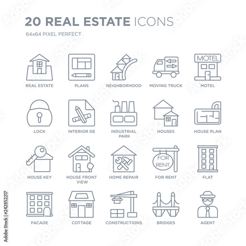 Collection of 20 Real estate linear icons such as estate, Plans, Constructions, Cottage, Facade, Motel, Houses line icons with thin line stroke, vector illustration of trendy icon set.
