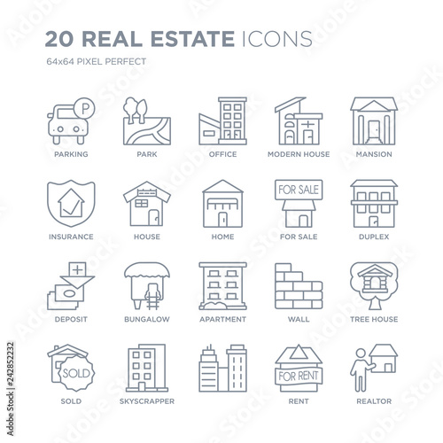 Collection of 20 Real estate linear icons such as Parking, Park, , Skyscrapper, Sold, Mansion, For sale, Apartment, Deposit line icons with thin line stroke, vector illustration of trendy icon set.