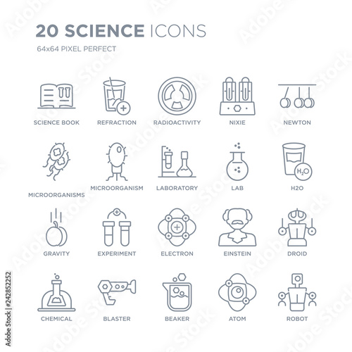 Collection of 20 Science linear icons such as book, Refraction, Beaker, Blaster, Chemical, Newton, Lab, Electron line icons with thin line stroke, vector illustration of trendy icon set.