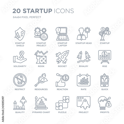 Collection of 20 Startup linear icons such as startup Shield  Project Search  Puzzle  Pyramid chart  Quality   line icons with thin line stroke  vector illustration of trendy icon set.