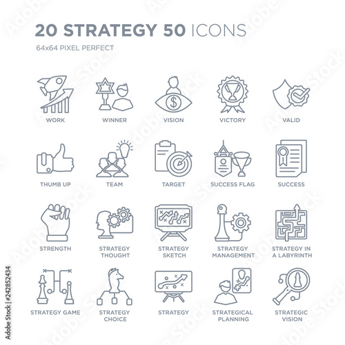 Collection of 20 Strategy 50 linear icons such as Work, Winner, Strategy, strategy Choice, game, Valid, Success Flag line icons with thin line stroke, vector illustration of trendy icon set.