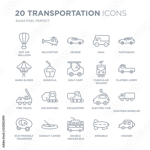 Collection of 20 Transportation linear icons such as Hot air balloon, Helicopter, Double decker bus, dugout canoe line icons with thin line stroke, vector illustration of trendy icon set.