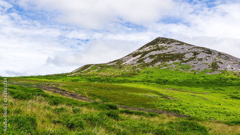 Great Sugar Loaf peak in Wicklow Mountains as seen from the base, in Ireland. Shades of green under a blue sky on The Emerald Isle.